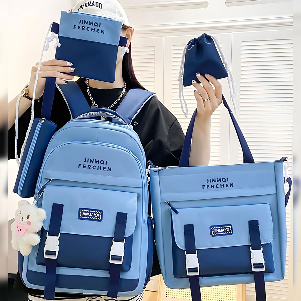 Ensemble de sacs d’école Kawai pour adolescents 5Pcs Bieyoumi Fashion Bleu – محفظة 5 قطع كاواي - Image 2